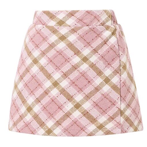 女童粉色格纹毛呢半身裙女孩秋冬穿搭学院风A字短裙防走光包臀裙6