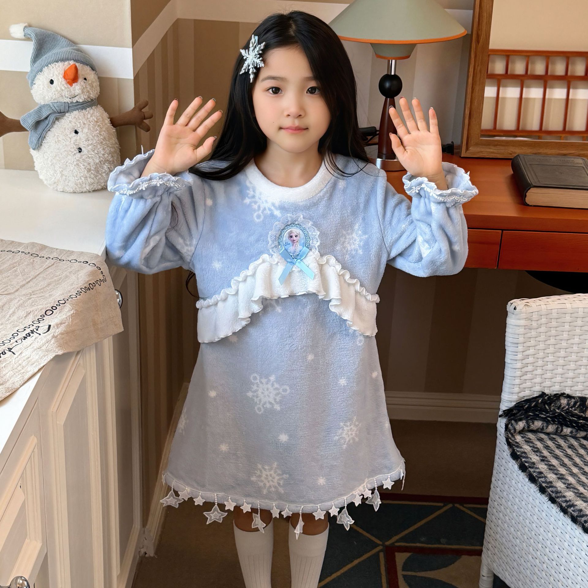 女童爱莎公主法兰绒睡衣裙家居服