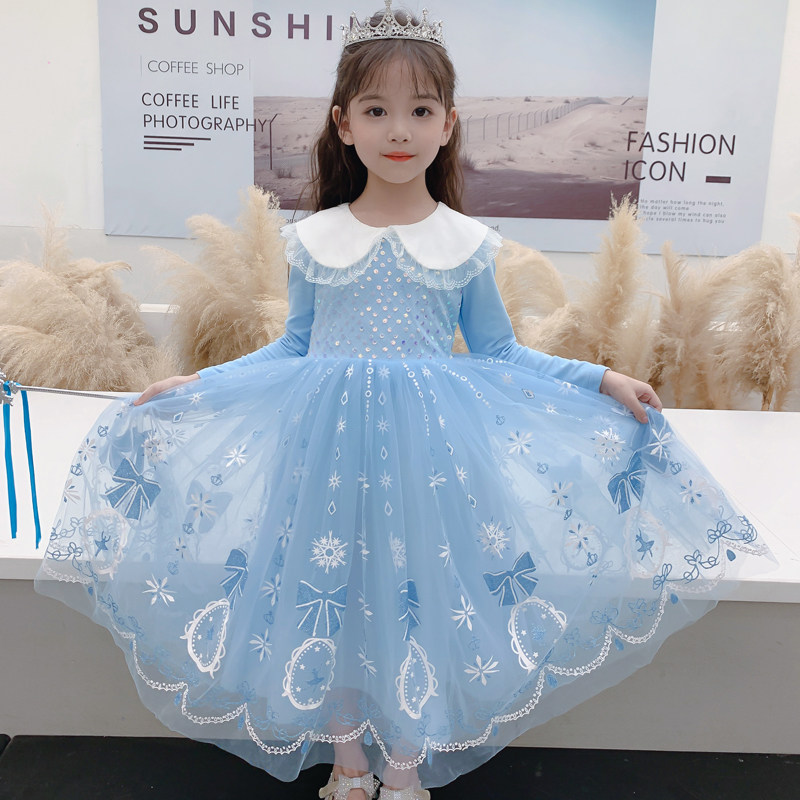 女童爱莎公主连衣裙长袖2026春秋冬季新款中小童娃娃领加绒网纱裙
