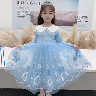 女童爱莎公主连衣裙长袖2026春秋冬季新款中小童娃娃领加绒网纱裙