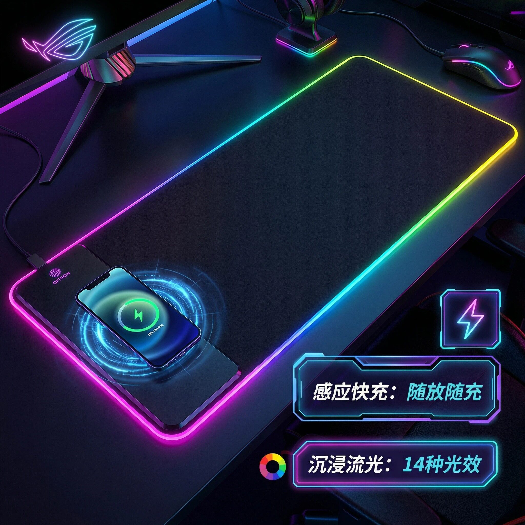闪勤电竞RGB发光无线充鼠标垫大号15W快充炫彩超大键盘桌垫游戏