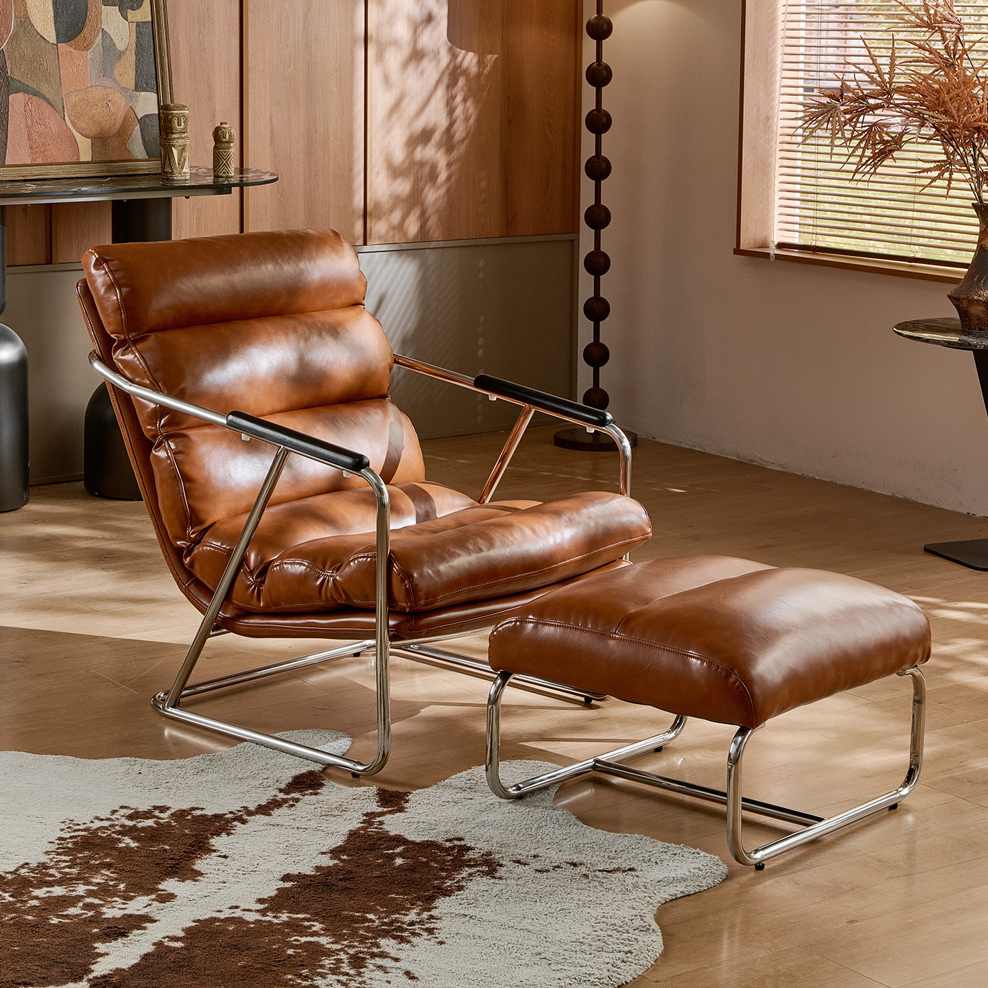 菲尚丽家中古风单人沙发椅客厅复古油蜡皮休闲椅带脚踏卧室懒人椅,住宅家具,沙发椅,淘宝优惠券,粉丝福利购,淘宝优惠卷