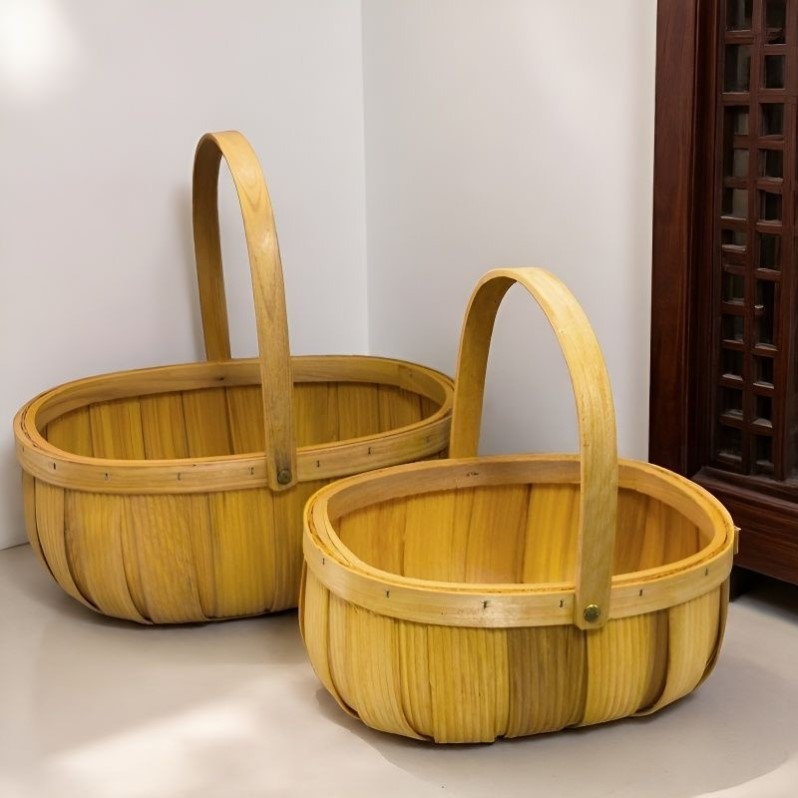 月子鲜花混搭手提收纳手工木片编织提篮月子鸡蛋田园水果篮直发
