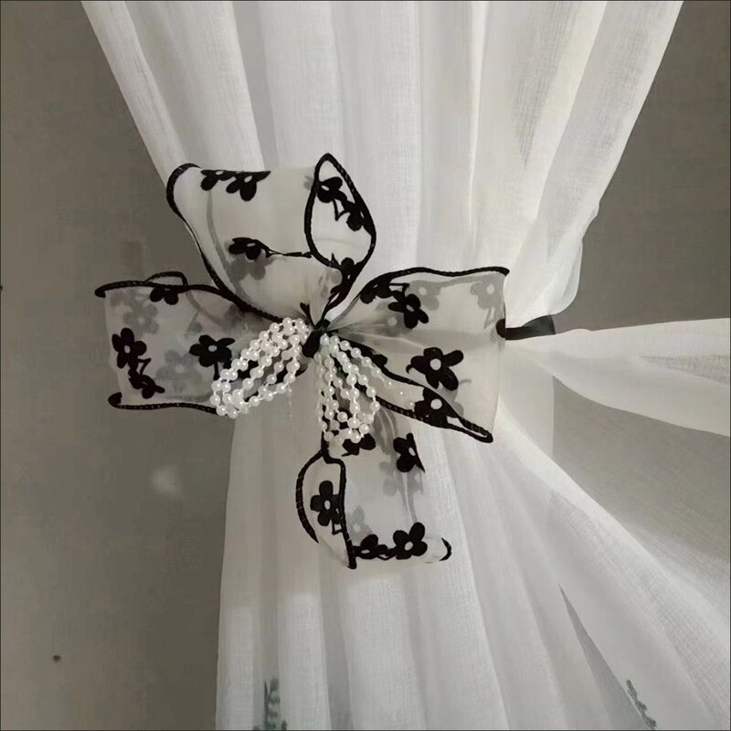 窗帘蝴蝶结小香风蕾丝绑带布衣法式轻奢别针复古黑白绑带纱珍珠款