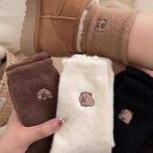 厚袜子女中筒袜子冬季 加绒加厚卡皮巴拉水豚刺绣双面澳绒地板袜