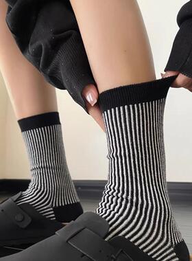 双针时尚潮流双路中筒袜网红秋冬新款韩版复古拼色金银丝袜子女
