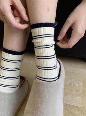 布标白色长袜夏天配勃肯鞋堆堆袜纯棉春秋中筒袜ins潮条纹袜子女