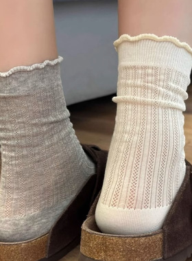 ins芭蕾风灰色袜子女春夏季薄款中筒袜木耳花边配玛丽珍堆堆长袜