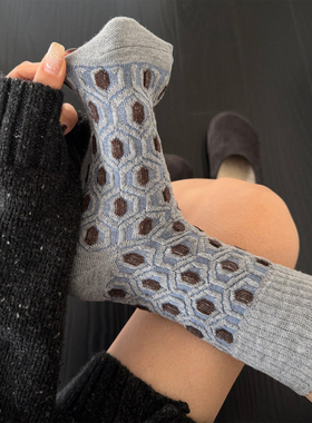 秋冬高级配色袜子~复古麻花羊毛袜简约中筒袜灰色系潮流ins