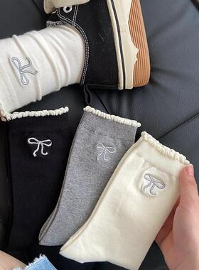 春秋款搭配勃肯鞋韩系花边堆堆长袜木耳边袜子女蝴蝶结灰色中筒袜