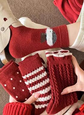 韩系可爱红色羊毛袜子女秋冬款加厚保暖本命年马年2026中筒袜
