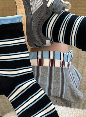 ins系拼接撞色条纹袜子女中筒袜夏季薄款纯棉卷边灰色堆堆袜春秋