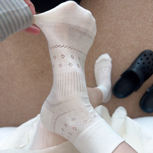 白色镂空网眼袜子女夏季薄款桑蚕丝短筒袜宽口低帮袜新款无骨棉袜