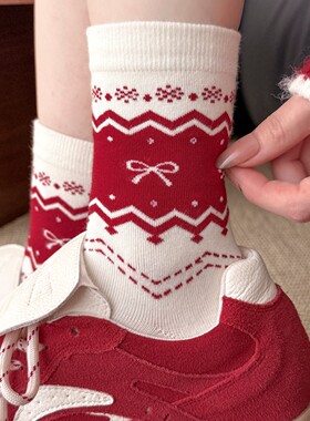 本命年复古风蝴蝶结红色中筒袜女秋季甜美堆堆袜新年喜庆保暖长袜