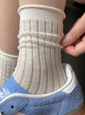白色竖条纹袜子女夏季薄款ins潮韩版日系jk纯棉芭蕾风卷边堆堆袜