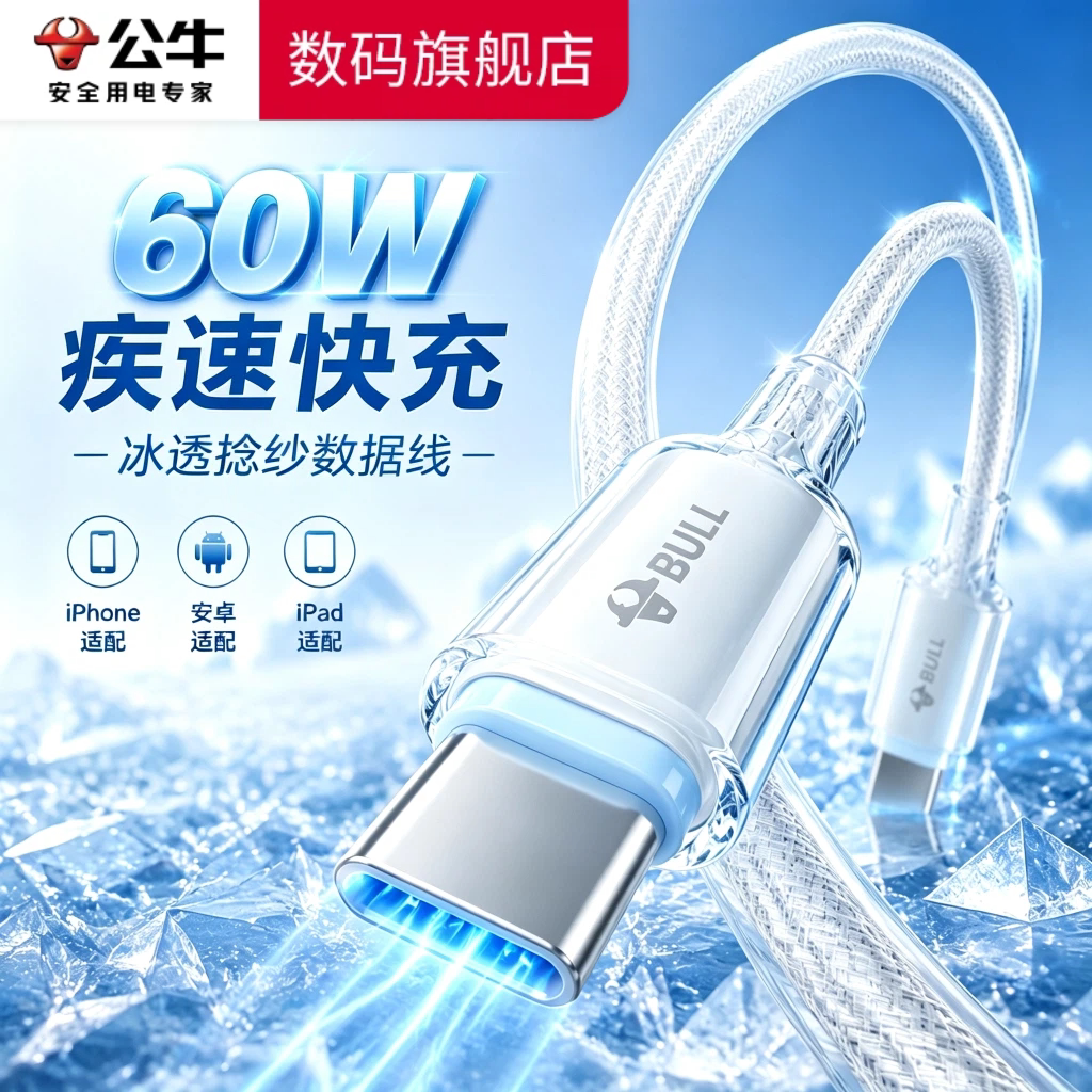 公牛冰透线充电线适用苹果17ProMax数据线60W快充16专用