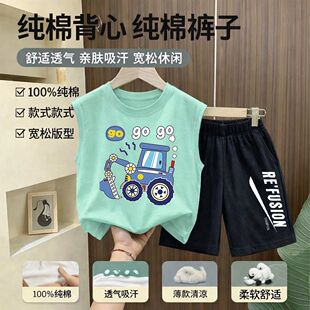 男童无袖T恤挖掘机背心纯棉新款夏季小童宝宝外穿卡通短裤套装