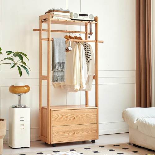 实木橡木床头柜衣帽架挂衣架一体家用简约收纳落地卧室主卧原木色