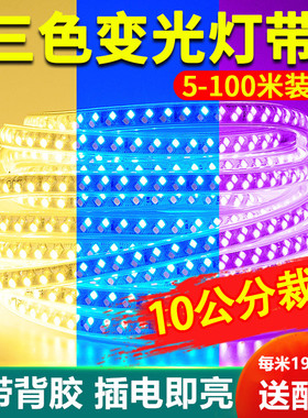 三色变光led灯带220v自粘客厅家用吊顶背景墙氛围软灯条变色光带