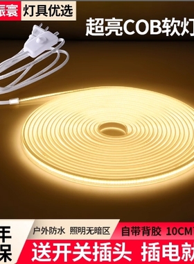 自粘COB灯带led软灯条自带开关家用吊顶鱼缸展示柜货架220V线条灯