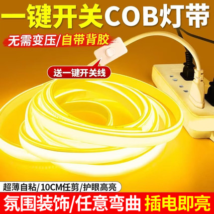 220V灯带插电款带开关led氛围灯条卧室床头客厅电视柜自粘cob暖光