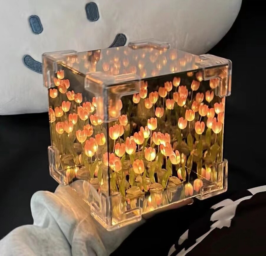 완성 된 루빅스 큐브 튤립 꽃 바다 밤 빛 DIY 수제 램프 소녀 가장 친한 친구와 친구 거울을위한 생일 선물