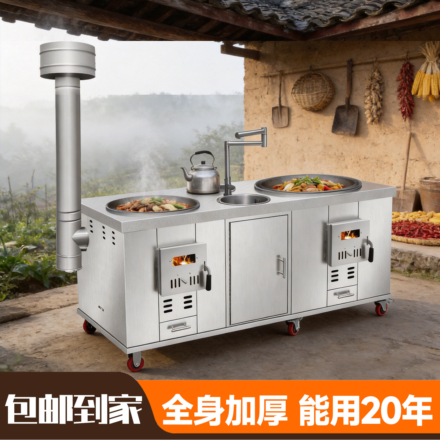 2026新型柴火灶家用烧木柴304加厚不锈钢双灶台移动大铁锅带风机