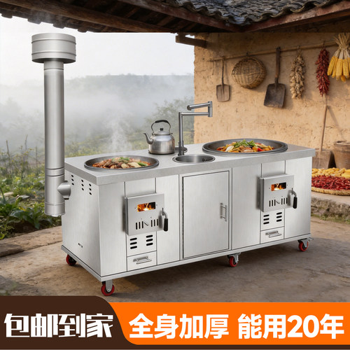 2026新型柴火灶家用烧木柴304加厚不锈钢双灶台移动大铁锅带风机