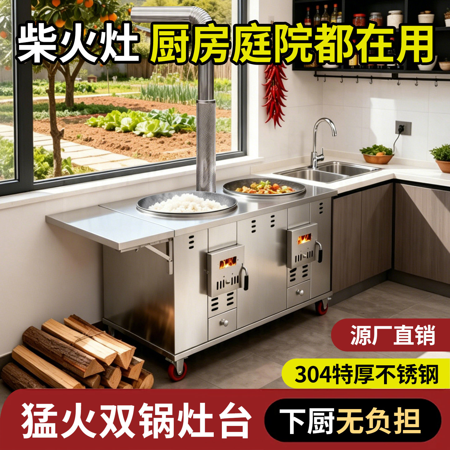 新型柴火灶农村家用烧木柴特厚不锈钢室内移动双锅节能省柴大锅台