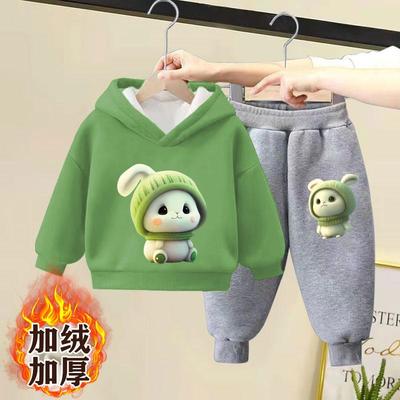 男女童加绒卫衣套装秋冬2025新款儿童冬季洋气休闲加厚连帽两件套