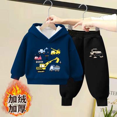男女童加绒卫衣套装秋冬2025新款儿童冬季洋气宝宝加厚连帽两件套