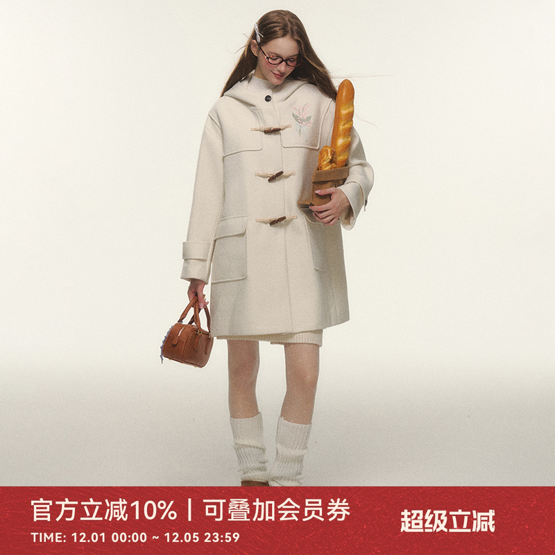 ANNATTO 2024年冬季新款宽松毛呢外套连帽牛角扣小个子呢子大衣