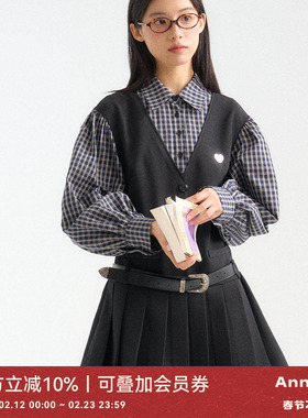 ANNATTO 春季黑色学院V领假两件格纹衬衫连衣裙百褶半身裙女