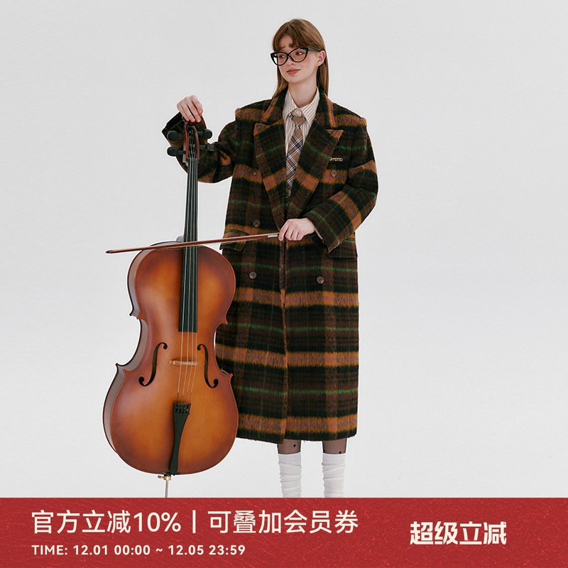 咖色格子呢子大衣女小个子