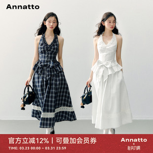 原创蝴蝶结挂脖荷叶边上衣蕾丝裙摆蓬感半裙套装 ANNATTO 仲夏夜
