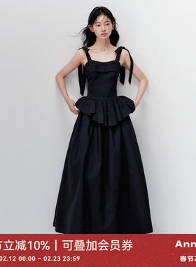 ANNATTO 夏季黑色轻奢感收腰显瘦蝴蝶结吊带连衣裙长裙女