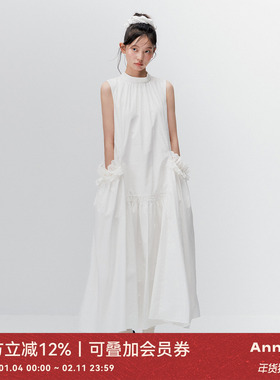 ANNATTO 原创设计夏季白色圆领无袖插袋a字纯色连衣裙长裙女