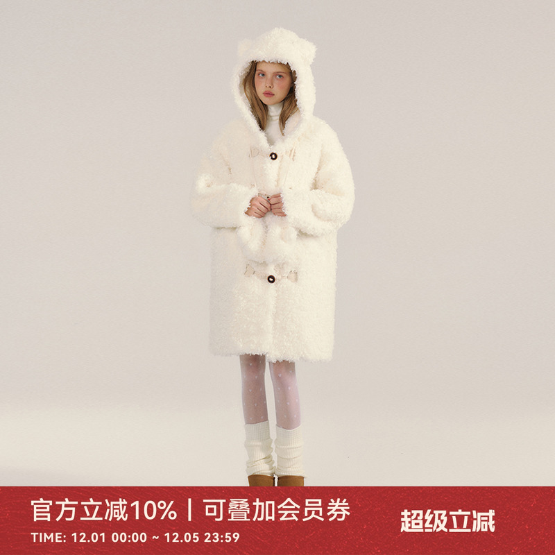 白色毛毛外套连帽羊羔毛大衣