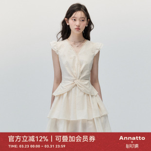 杏色小飞袖 原创设计感修身 V领连衣裙蛋糕裙女 爱在旷野 ANNATTO