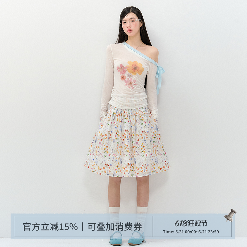 ANNATTO 桔梗物语 夏季防晒斜肩长袖印花T恤上衣碎花打揽半身裙女