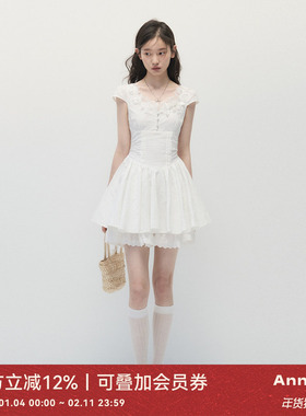 ANNATTO 夏季芭蕾风法式白色蕾丝绣花收腰显瘦蝴蝶结绑带连衣裙女