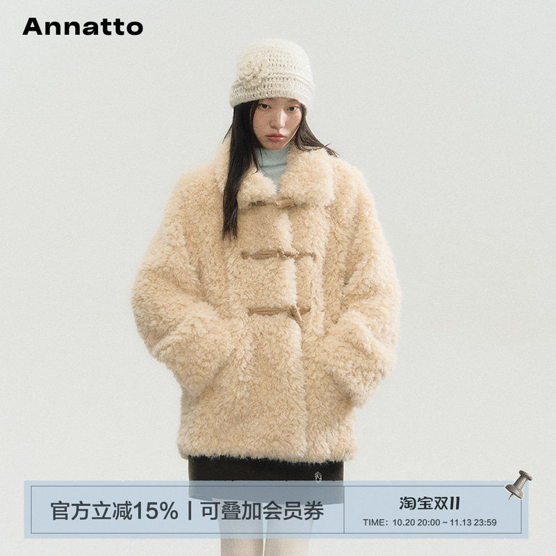 ANNATTO 伯克利黄昏 冬季新品杏色保暖翻领环保皮草毛毛外套女