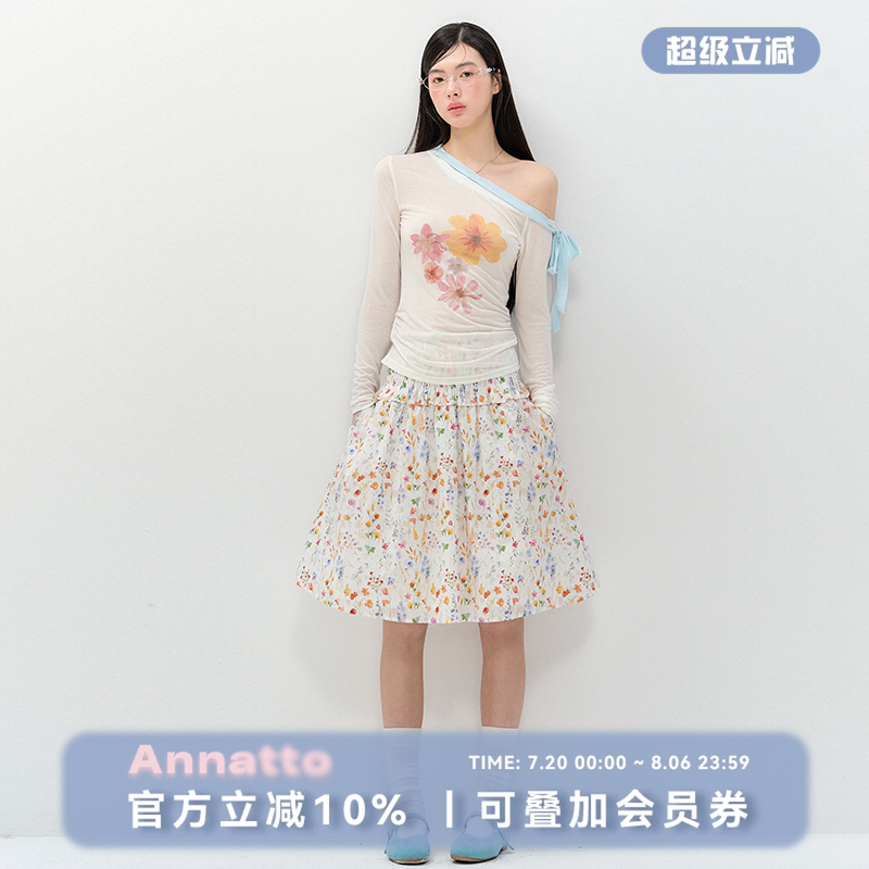 ANNATTO 桔梗物语 夏季防晒斜肩长袖印花T恤上衣碎花打揽半身裙女