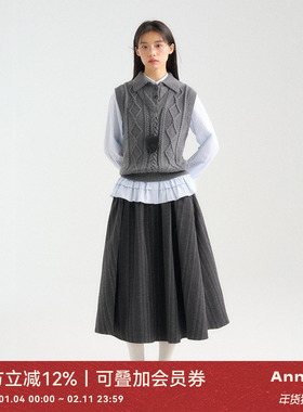 ANNATTO 半岛风情 灰色假两件学院风V领毛衣马甲衬衫半身裙女