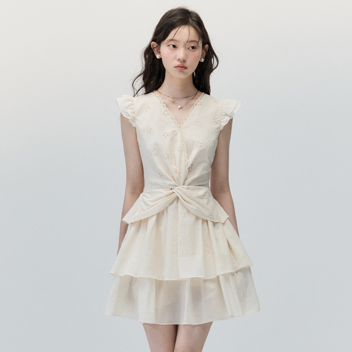 ANNATTO修身杏色小飞袖连衣裙女