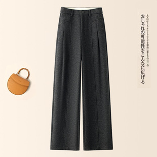 雪花呢窄版直筒裤女宽松秋冬加绒加厚保暖阔腿裤高腰显瘦休闲裤子