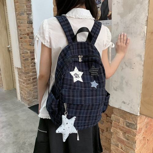 韩系星星格子通勤大容量双肩包