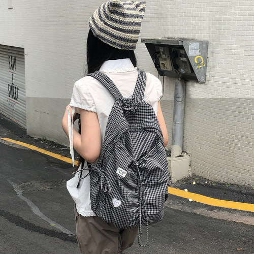 千禧复古格子双肩包超大容量