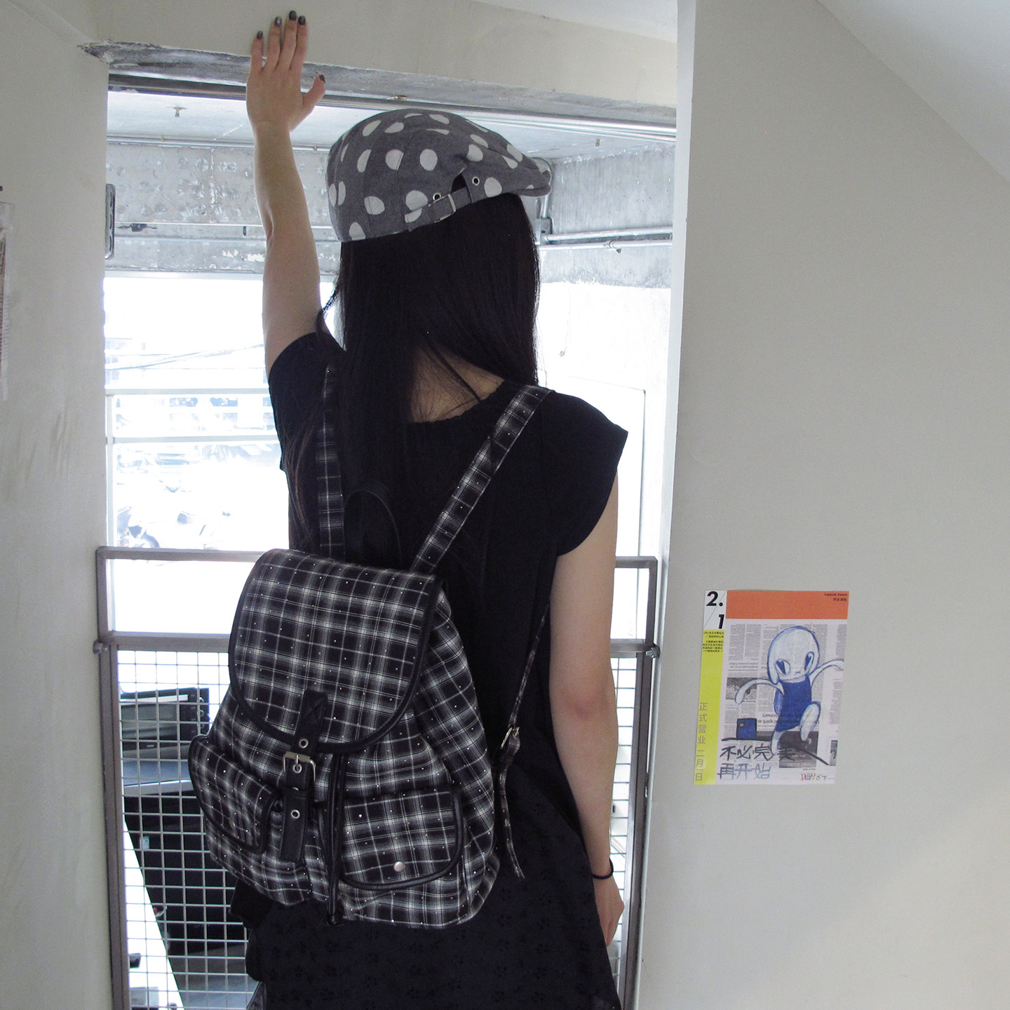 Unique blue复古格纹双肩包大容量格子书包大学生多口袋通勤背包