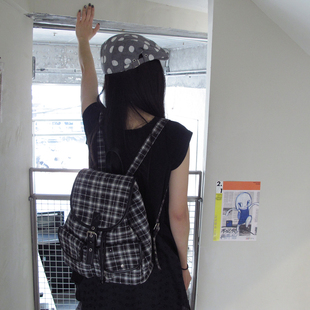 Unique blue复古格纹双肩包大容量格子书包大学生多口袋通勤背包